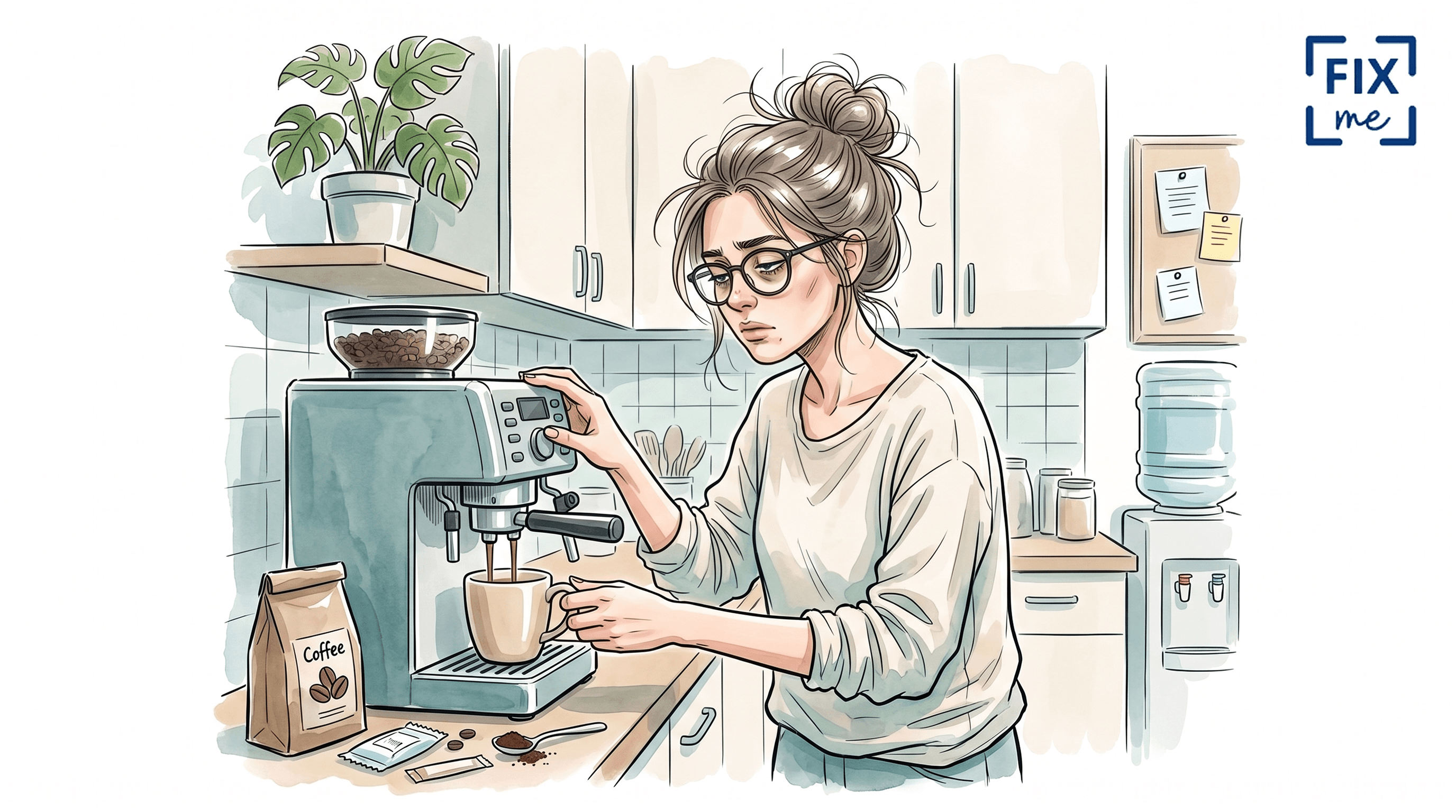 Ilustracja w stylu akwareli i rysunku tuszem, przedstawiająca młodą kobietę z potarganymi włosami w koku i w za dużych okularach, która wygląda na niewyspaną. Kobieta stoi w jasnej kuchni i obsługuje kolbowy ekspres do kawy, trzymając filiżankę pod wylewką. Na blacie widać torebkę z kawą i saszetki. W tle znajduje się roślina doniczkowa, tablica korkowa i dystrybutor wody.