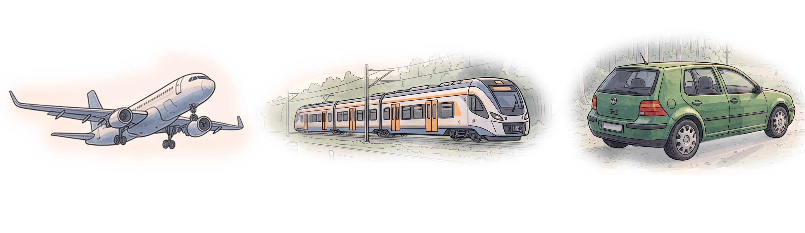 Ilustracja przedstawia samochód, pociąg i samolot.
