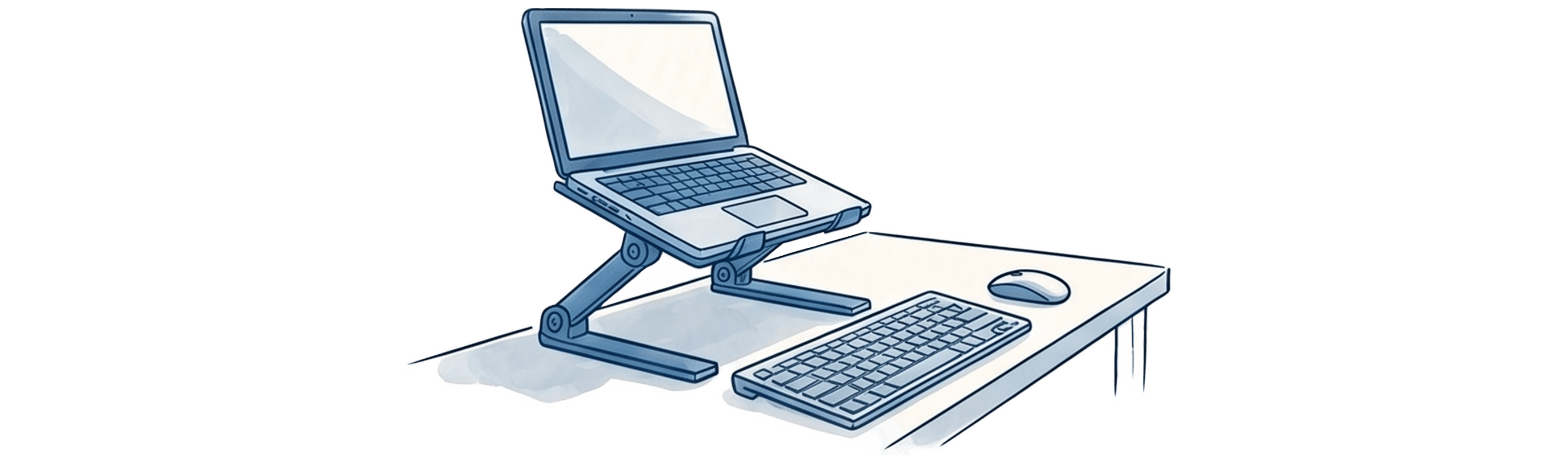 Monochromatyczna, niebieska ilustracja techniczna, stylizowana na akwarelę i tusz, przedstawiająca z boku ergonomiczne stanowisko pracy z laptopem na jasnokremowym tle. Grafika demonstruje poprawne ułożenie sprzętu. Laptop jest umieszczony na regulowanej, niebieskiej podstawce (stojaku), która unosi ekran na wysokość oczu użytkownika. Pod uniesionym laptopem, na płaskiej powierzchni biurka, znajduje się osobna, pełnowymiarowa klawiatura oraz bezprzewodowa mysz komputerowa. To ustawienie oddziela ekran od klawiatury, co pozwala na zachowanie wyprostowanej postawy ciała, unikając garbienia się nad małym ekranem laptopa. Styl ilustracji jest czysty, minimalistyczny i diagramowy.