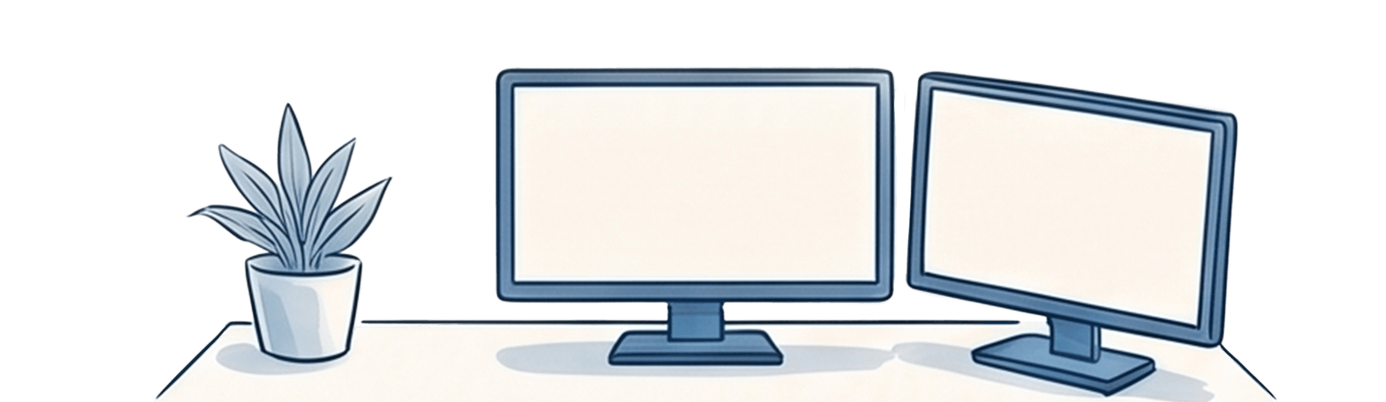 To monochromatyczna, niebiesko-biała ilustracja techniczna w stylu akwareli i tuszu. Przedstawia ona nowoczesne biurko, na którym stoją obok siebie dwa płaskie monitory komputerowe. Ekran po lewej stronie jest ustawiony pod kątem prostym do krawędzi biurka, natomiast ekran po prawej jest lekko nachylony do wewnątrz, tworząc bardziej ergonomiczną, łukowatą powierzchnię roboczą. Po lewej stronie monitorów, na biurku stoi roślina doniczkowa o podłużnych liściach w prostej doniczce. Cała grafika ma czysty, diagramowy styl, charakterystyczny dla instrukcji bhp. Tło jest neutralne, jasnokremowe.