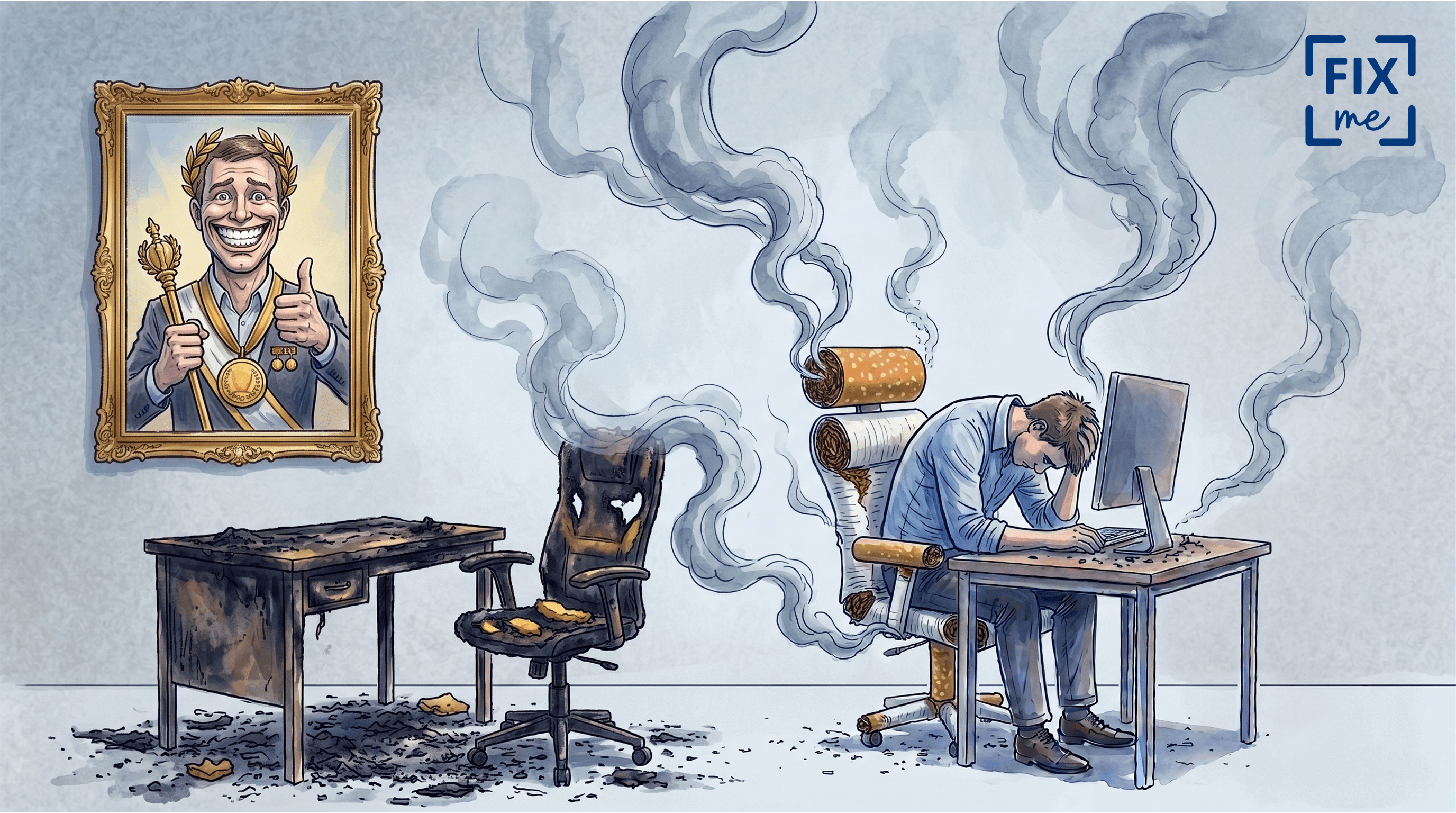 Ilustracja w stylu akwarelowego szkicu przedstawiająca biuro i będąca metaforą wypalenia zawodowego oraz szkodliwości siedzącego trybu życia. Po prawej stronie przy biurku siedzi zgarbiony, skrajnie zmęczony mężczyzna, który trzyma się za głowę przed ekranem komputera. Jego fotel biurowy ma fakturę papierosa z filtrem i intensywnie dymi. Pośrodku znajduje się drugie, puste biurko z całkowicie spalonym, osmolonym krzesłem, z którego unosi się rzadki dym, sugerując nieobecność innego pracownika. Po lewej stronie, na ścianie, wisi kontrastujący z sytuacją, ironiczny portret w złotej ramie, przedstawiający przesadnie, nienaturalnie uśmiechniętego „pracownika miesiąca” z wieńcem laurowym, medalem i uniesionym w górę kciukiem. Całość kompozycji jest beztekstowa, utrzymana w stonowanych, chłodnych barwach z wyraźnymi akcentami szarości i pomarańczowego żaru.