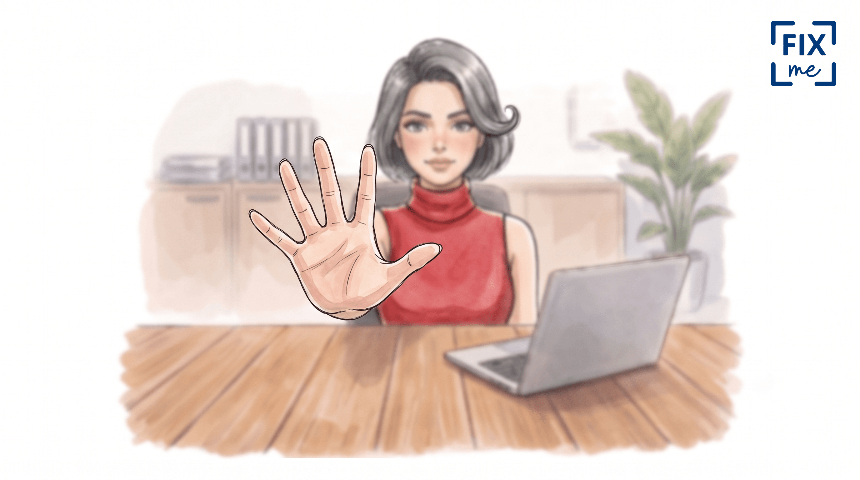 Ilustracja w stylu akwareli przedstawia wyczerpaną kobietę z włosami upiętymi w kok i w okularach, śpiącą z głową opartą na rękach na drewnianym biurku. Przed nią stoi otwarty laptop, a stół jest zastawiony licznymi pustymi i na wpół pustymi filiżankami oraz kubkami po kawie (łącznie 8 sztuk), co sugeruje długą i męczącą pracę. Kobieta ma na sobie jasnoturkusowy T-shirt. Tło jest jasne, biurowe, z szafkami, segregatorami i rośliną doniczkową w tle. W prawym górnym rogu znajduje się logo "FIXme" w ramce. Całość ma miękkie, rozmyte krawędzie i kremowe tło.