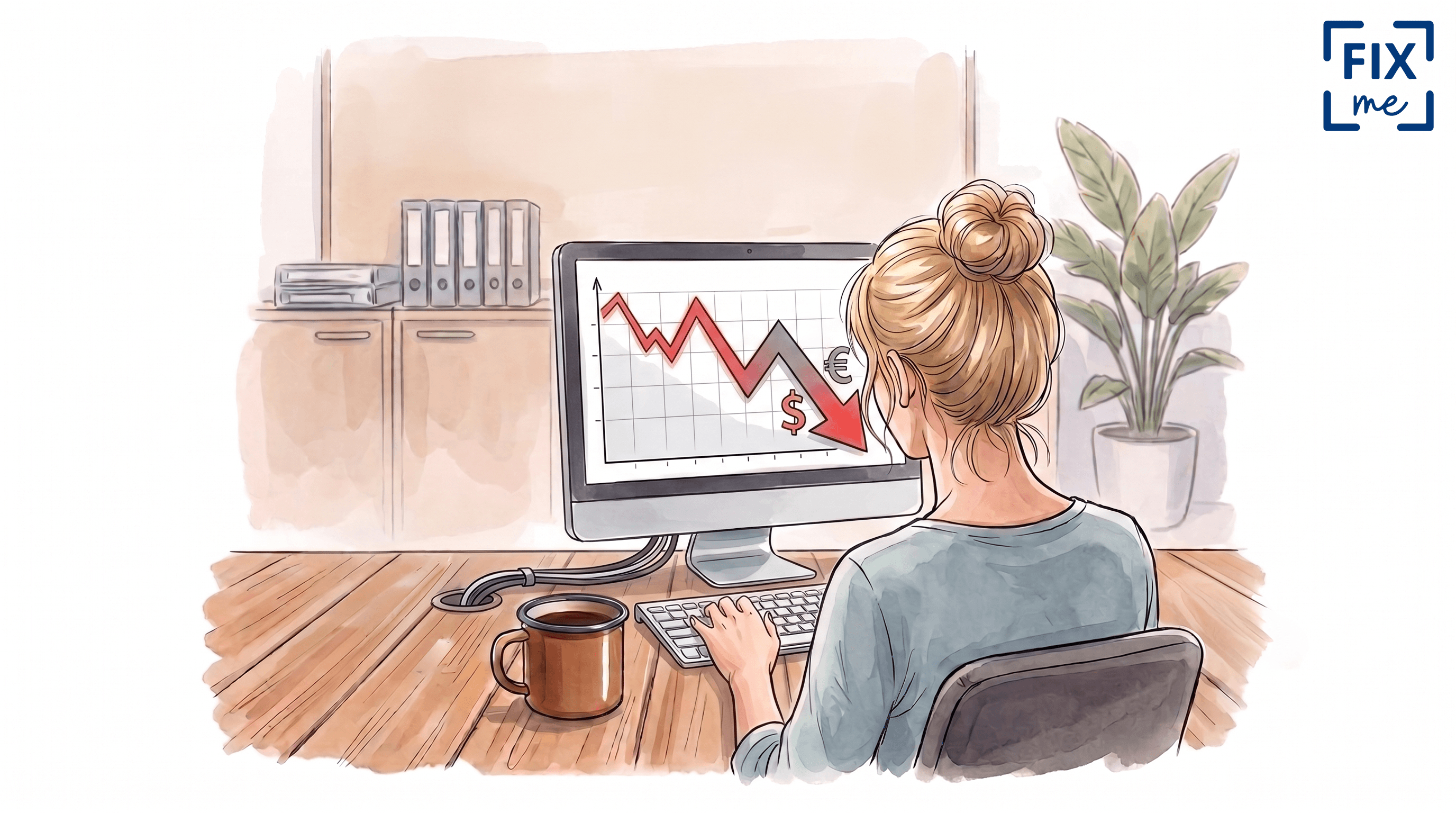 Ilustracja wykonana technika akwarelową i tuszem przedstawia widok z tyłu na kobietę z blond włosami upiętymi w koczek, siedzącą przy drewnianym biurku. Kobieta ma na sobie jasnoniebieską koszulkę i patrzy na ekran komputera stacjonarnego. Na ekranie widać wykres spadkowy z czerwoną linią oraz symbole walut: dolara ($), euro (€). Na biurku, przed kobietą, znajduje się klawiatura i myszka komputerowa. Obok klawiatury stoi ceramiczny kubek z herbatą. Z tyłu komputera wychodzą kable. W tle, po lewej stronie, widać jasne drewniane szafki, na których stoją segregatory. Po prawej stronie znajduje się duża roślina doniczkowa w białej donicy, stojąca na szafce. Cała ilustracja ma miękkie, pastelowe kolory i wyraźne kontury wykonane czarnym tuszem.